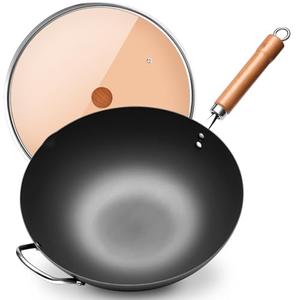 WANGYUANJI Iron Wok,12.59 inch Woks for Stir-fry, Chinese Stir Fry Pan Uncoated, Traditional Flat Bottom Iron Pot for Induction, Electric, Gas, Suitable for All Stoves(Pure Iron Wok)