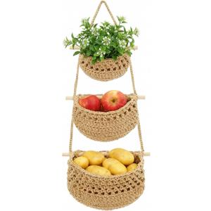 Hanging Fruit Basket, 3 Tier Cotton Woven Wall Basket, Removable Wall Hanging Baskets for Kitchen Bathroom Storage, Plants Holder, Vegetable Onion Organizing, Boho Decor (Beige, 32 Inch)