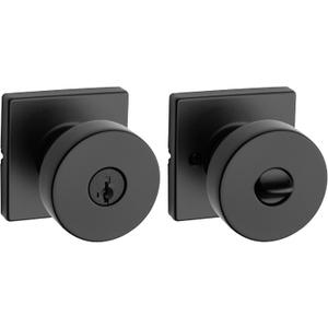 Kwikset Pismo Entry Door Knob with Lock and Key, Secure Keyed Handle Exterior, Front Entrance and Bedroom, Matte Black, Pick Resistant SmartKey Rekey Security and Microban, Square Rose