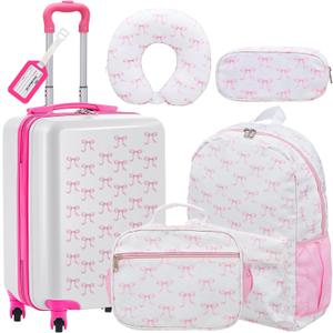 Redbaker 17 Inch 6 Pcs Kids Luggage Set Gifts for Christmas Kids Rolling Luggage Double Pattern Suitcase for Boys Girls (Pink, Bow Style)