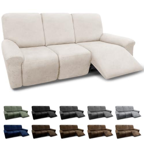 Pfrstuv Couch Cover 8-Pieces Sofa Covers Washable Recliner Sofa Covers 3 Seater Leather Look Recliner Slipcovers with Pockets Spandex Fabric Furniture Covers(Recliner Sofa, Beige)