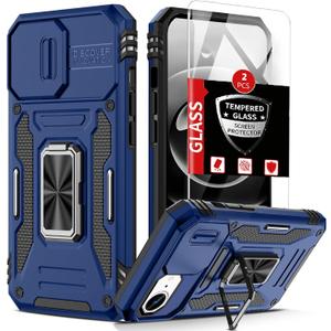 for iPhone 16E Case with 2 Screen Protectors,Built-in Slide Camera Cover,for 16EPhone Case with 360Rotation Stand Ring,Shockproof Anti-Scratch Military-Grade Drop Heavy Duty Protection Blue