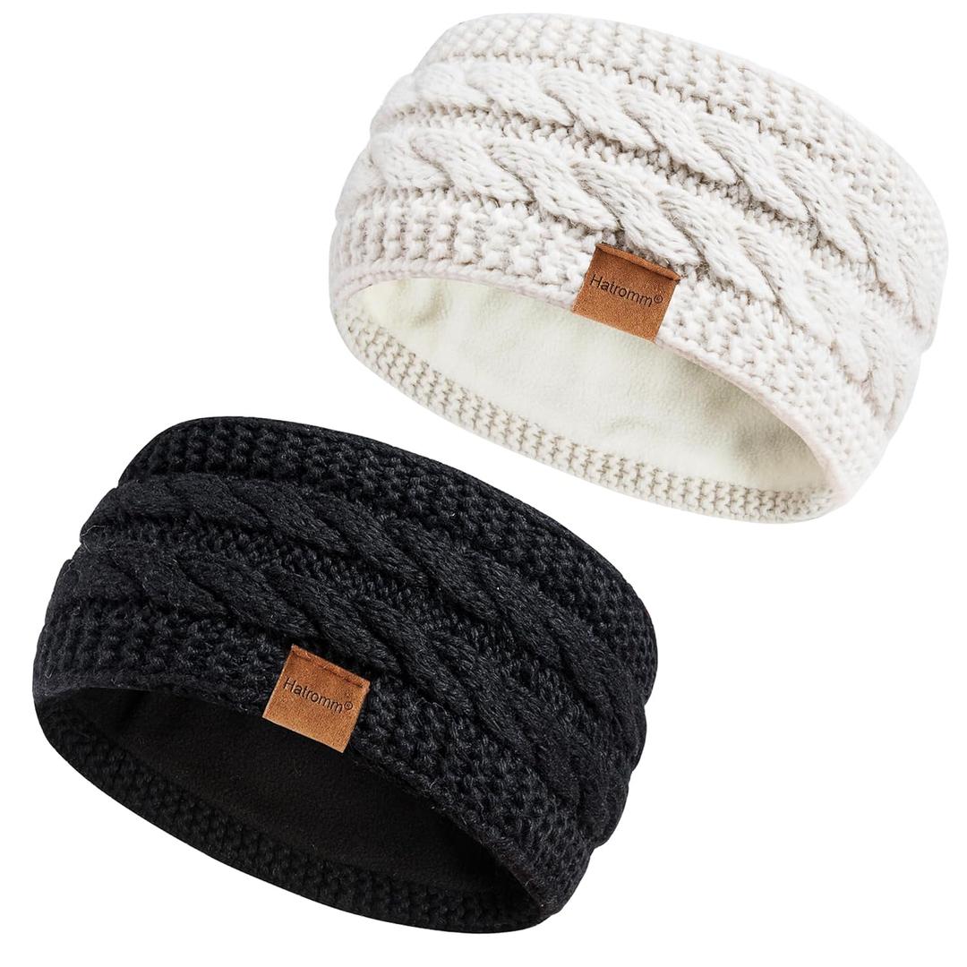 Winter Headbands for Women Wool 2 Pack, Ear Warmers for Women Headband Knit Thick Fleece Lined, Cold Weather Warm Ear Muffs(Black+White)
