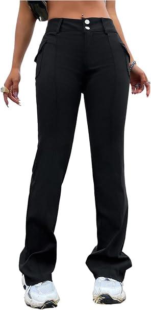 Floerns Women's Solid High Waisted Stretch Pants Straight Leg Pants with Flap Pockets XS