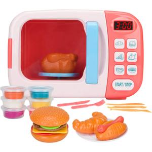 Microwave Kitchen Play Set with Light Sound for Kids with Pretend Fake Food and 6 Color DIY Play-Dough Clay Great for Toddlers 3 and Older Grils and Boys (Pink)
