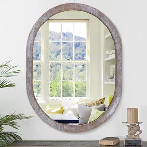 JJUUYOU Rustic Brown Oval Wall Mirror for Bathroom, Hanging Vanity Oval Mirror for Vanity Living Room Entryway Bedroom More (20"L x 16"W, Rustic Brown)