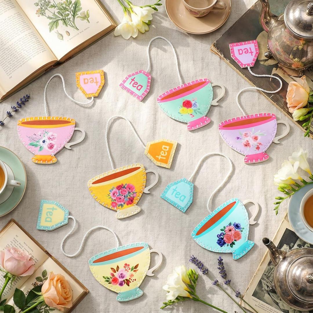 Resurhang 12 Pcs Tea Bag Bookmarks Tea Party Favors Cute Hand Embroidered Teapot Bookmarks Gift for Spring Holiday Teacher Women Book Reading Lovers Gift Book Marks (Retro)
