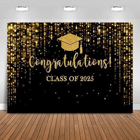 Mocsicka Class of 2025 Backdrop Black Gold Glitter Bokeh Graduation Party Background 2025 Congrats Grad Prom Party Cake Table Decoration Photo Booth Props (8x6ft)
