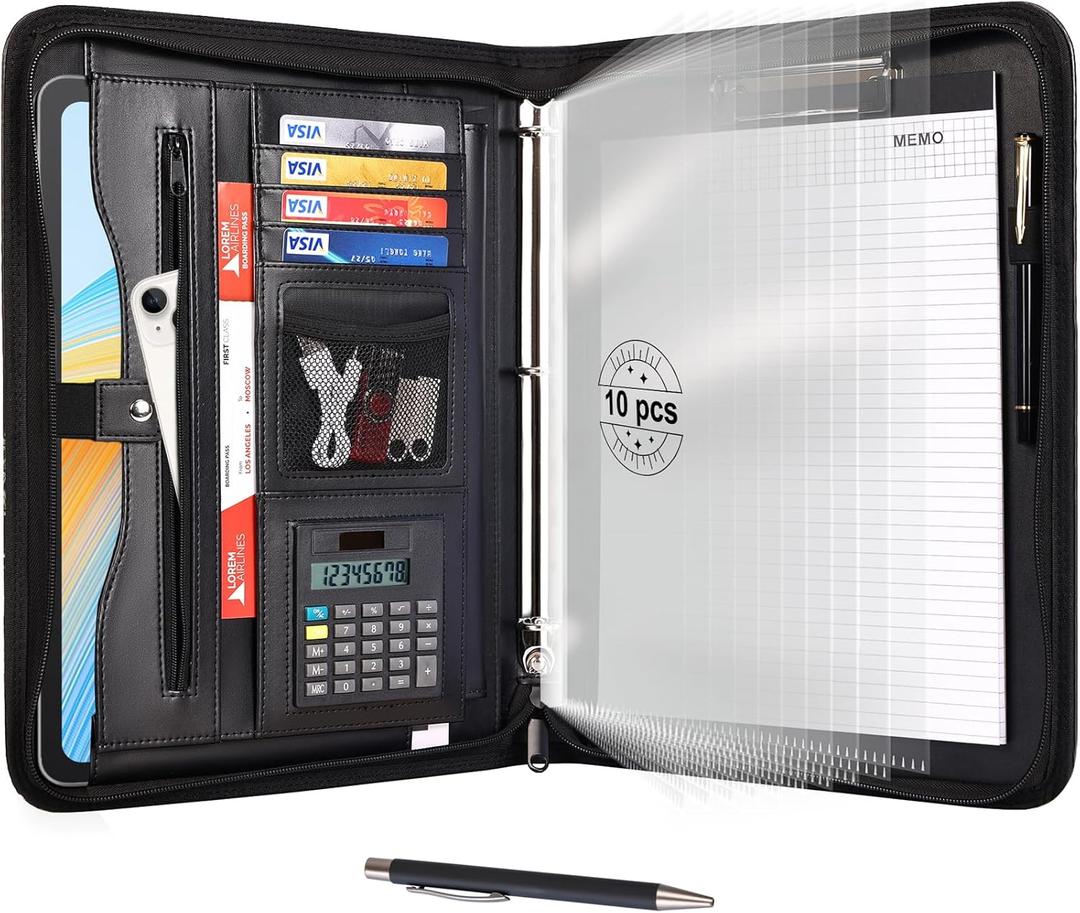 Eshow Portfolio Organizer - 3 Ring Binder with Zipper, Vegan Leather Business Padfolio Folder with Notepad Includes 10 Clear Sheet Protectors for Documents Files for Men Women