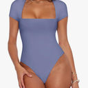 REORIA Womens Sexy Square Neck Double Lined Shirt Stretchy Basic Short Sleeve Going Out Thong Bodysuit Tops, Size M