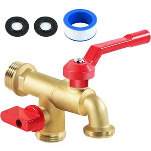 Outdoor Double Taps Water Faucet, Garden Hose Splitter 2 Way, 3/4 inch Wall Mounted Brass Water Tap, Frost-Proof Outside Spigot Replacement with 2 Outlets for Balcony, Lawns, Hose Connector (Red)
