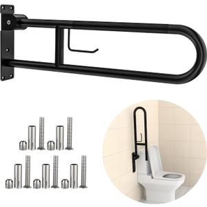 Toilet Grab Bar 30.3 Inch, YuanDe Flip Up Grab Bar with Paper Holder,Matte Black Anti-Slip Safety Bars for Toilet, Stainless Steel Knurled Toilet Handles for Seniors Disabled Elderly Pregnant