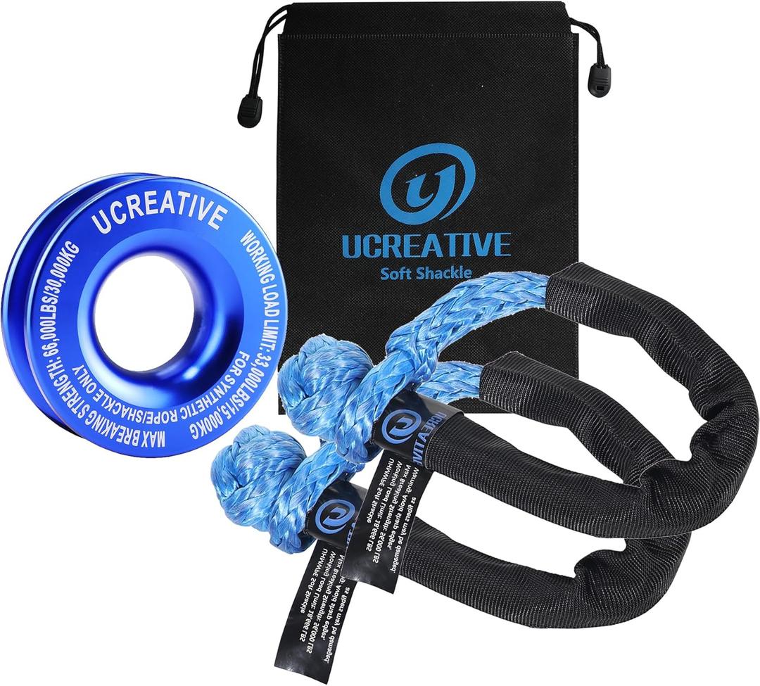 Ucreative Blue Recovery Ring and 2PCS Blue Soft Shackle (1/2 Inch x 22 Inch) kit for Synthetic Winch Rope for ATV UTV SUV Truck Off-Road Vehicle Recovery