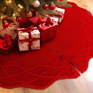 WBHome Christmas Tree Skirt, 48 inch Cable Knit Knitted Thick Rustic Holiday Decoration, Christmas Red