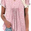 BETTE BOUTIK Women's Pink Leopard Large Tunic Shirt with Henley V Neck, Short Sleeves, Comfortable Stretch Fabric, Perfect for Casual, Party, Vacation, L