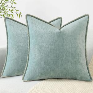 decorUhome Spring Chenille Soft Cozy Throw Pillow Covers 18x18 Set of 2, Modern Farmhouse Boho Velvet Decorative Pillow Cases with Stitched Edge for Couch Sofa Bed Home Decor, Aqua Haze