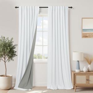 KOUFALL 86 Inch Length White Back Tab Linen Blackout Curtains for Living Room (52"W x 86"L (Pack of 2))