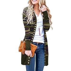 Womens Cardigan Lightweight Long Sleeve Snap Button Down Camouflage Knit Cardigan Sweater Green ,Size M