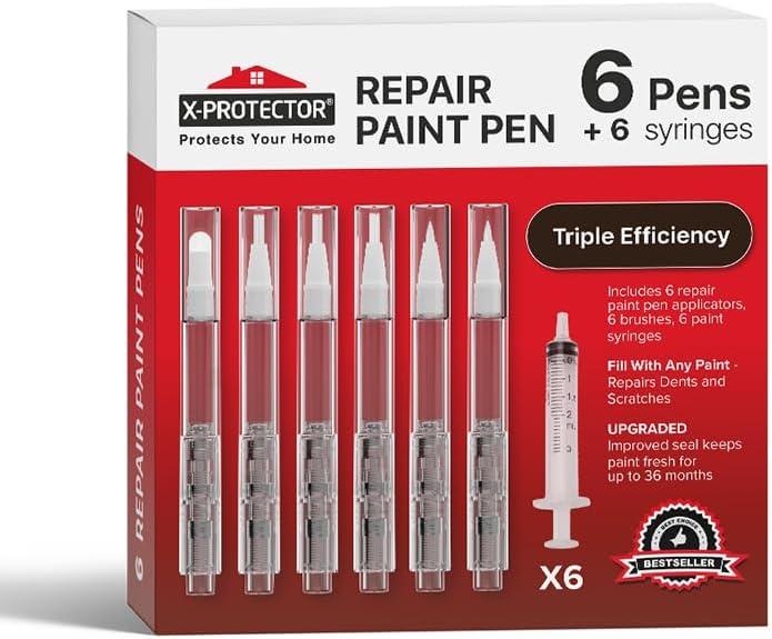 X-Protector Touch Up Paint Pen Kit - 6 Fillable Pens with 3 Types of Brushes - Premium Pen for Touch Ups - Fillable Touch Up Paint Pens for Walls, Furniture, and Other Touch Up Works!