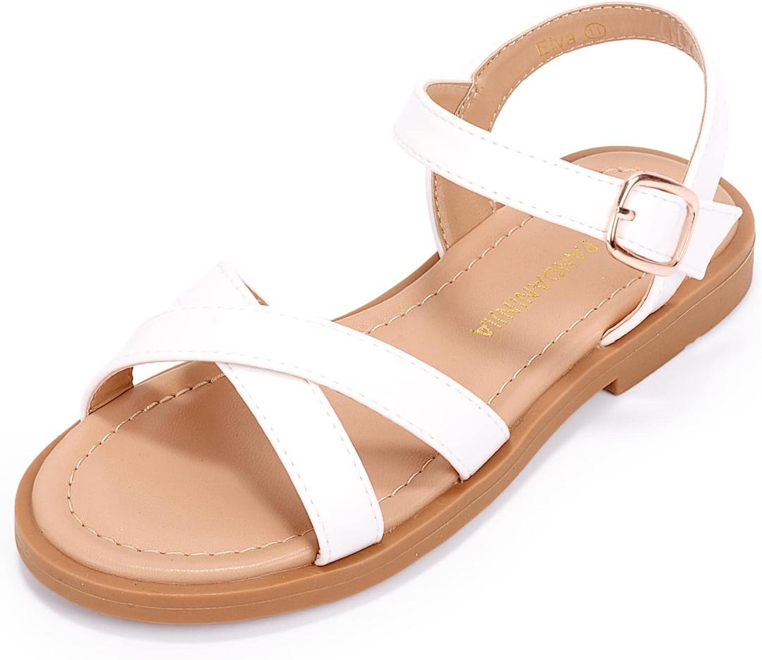 PANDANINJIA Elva Girls Sandals Open Toe Cute Flats Dress Sandals Cross Strappy Summer Shoes Toddler/Little Kid/Big Kid (Elva White Pu)