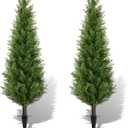 2 Pack 4ft Artificial Cedar Topiary Trees with Ground Spike, Realistic Fake Plants Tree UV Resistant Artificial Plants Indoor Outdoor Faux Plants Evergreen Bushes Shrubs for Porch Garden Office