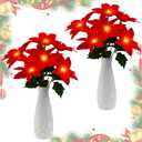 Giegxin 2 Pack Lighted Artificial Christmas Poinsettia Flowers 12 Inch Pre-lit Faux Red Silk 7 Heads Poinsettia Bushes Floral Bouquet Arrangement for Xmas Indoor Outdoor Holiday Decor Vase Filler