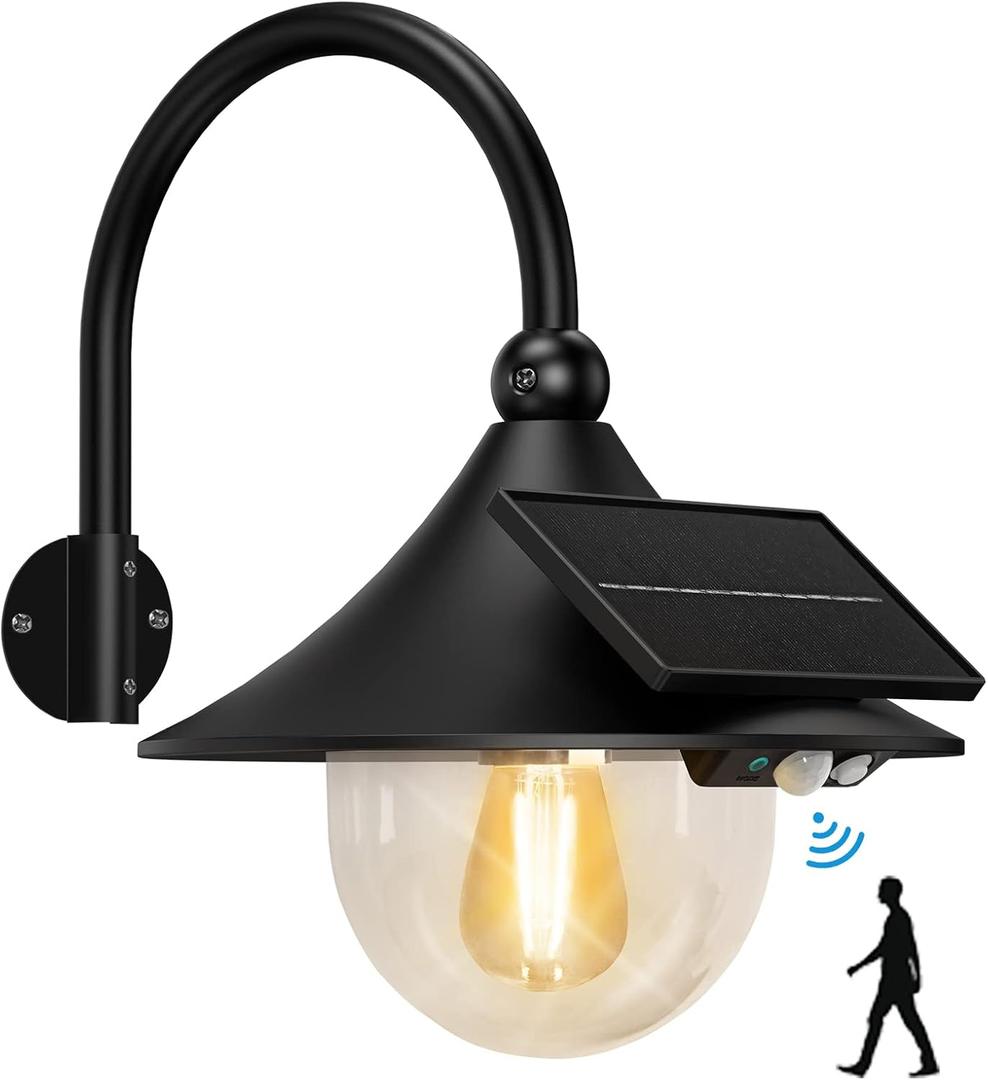 Aqonsie Solar Barn Light Outdoor with 3 Lighting Modes & Motion Sensing, Wall Mount Vintage Light, Waterproof Wall Light for Barn, Shed, Chicken coop, Porch, Patio (Black (1 Pack))