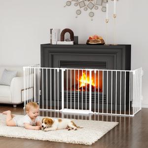 127.5" Extra Wide Baby Gate for Fireplace Christmas Tree, Configurable 5 Metal Panels Baby Fence, Child Gate for Wide Openings with Anti-Trip Pedal, Long Kid Gate for Dog Pet, 28'' Tall White
