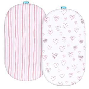 Bassinet Sheets Universal Fit for Oval, Hourglass, Rectangle Bassinet Mattress, 2 Pack 100% Cotton Sheets for Halo Bassinest Swivel, Flex, Luxe Sleeper, Unisex Bassinet Fitted Sheet for Baby, 
Pink Print for Baby