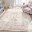 Pink Nursery Rug for Baby Girl 5 x 7 Neutral Blush Pink Boho Cute Floral Foldable Machine Washable Low Pile Soft Surface Carpet Area Rugs for Living Room Bedroom Dorm Kids Playroom,5x7