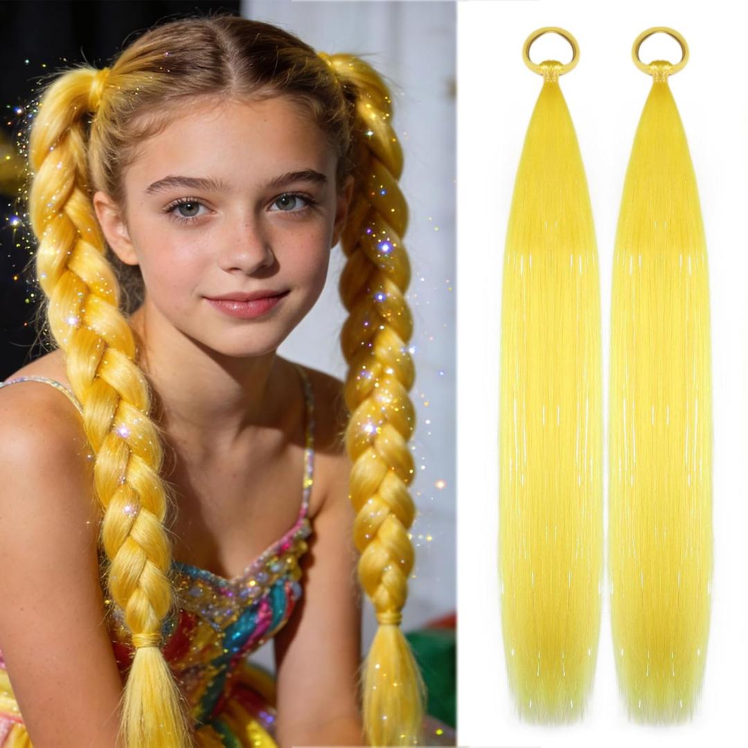 Yellow Hair Extensions for Braids Ponytail Extension 2 Packs, 20 inch Crazy Hair Day Accessories for Women, DIY Festival Wacky Rave Braids,Tinsel Mixed