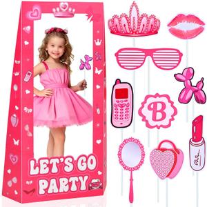 4.5FT Life Size Doll Photo Booth with 9Pcs Photo Props, Pink Princess Birthday Party Decorations for Girls, Doll Theme Photobooth Backdrop & Lets Go Party Supplies for Photoshoot