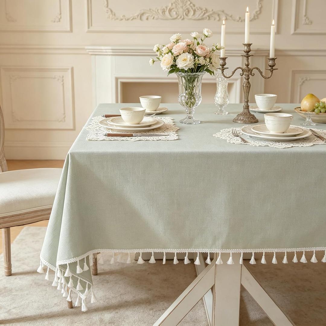 Laolitou Sage Green Spring Tablecloth Rustic Textured Table Cloth Cotton Linen Waterproof Tablecloths Burlap Table Cloths for Kitchen Dining, Party, Holiday, Sage Green Rectangle 55''x120'',10-12 Seats
