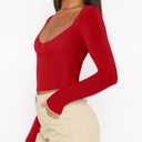 REORIA Women's Basic Sexy V Neck Long Sleeve Slim Fitted Cropped T Shirts Fall Fashion Going Out Crop Tops (Red, M)