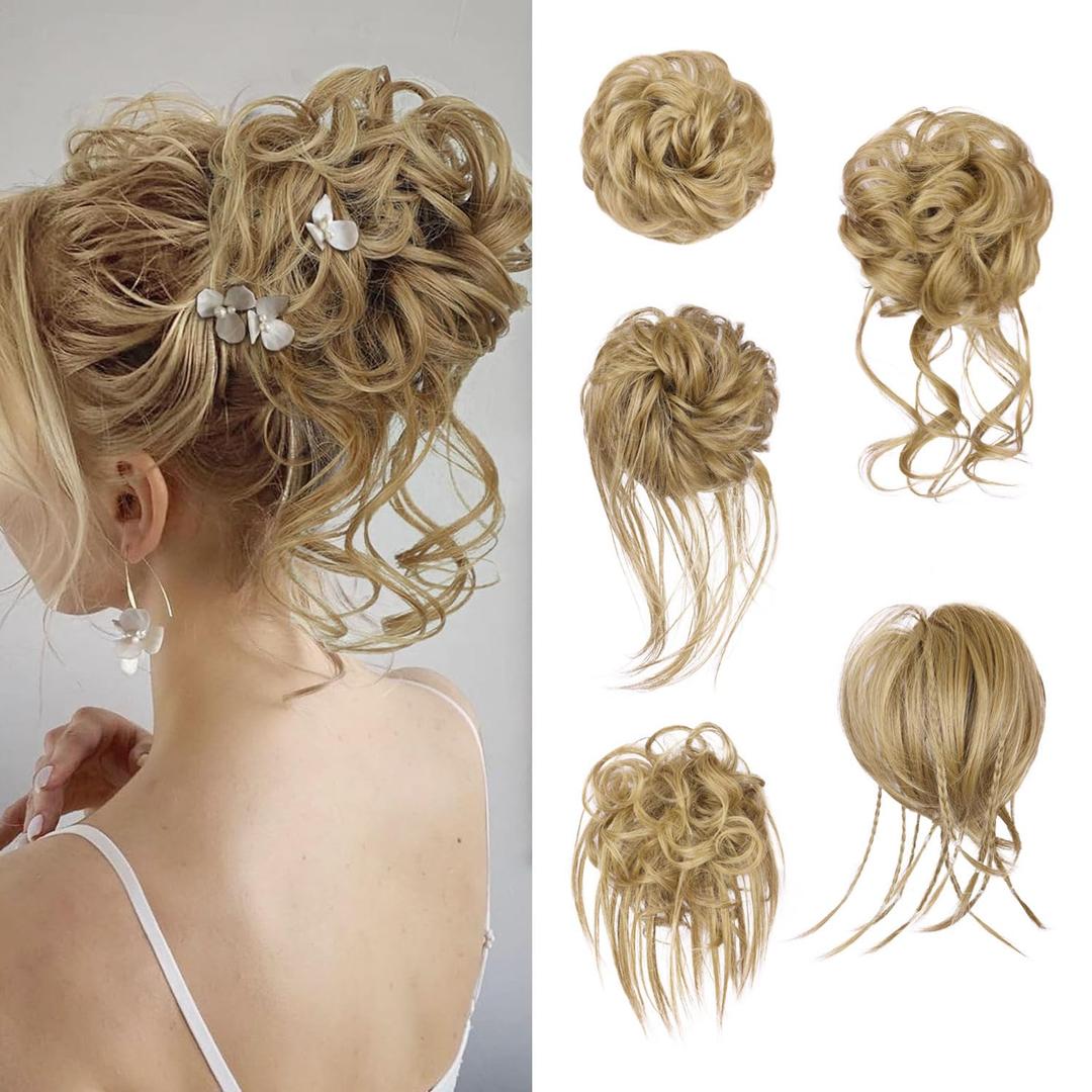 5 PCS Messy Bun Hair Piece for Women Scrunchies Ponytail Extension with Elastic Rubber Band Hair Pieces for Updos Fake Hair Buns Hairpieces Accessories Set for WomenGolden Brown (27/86#)