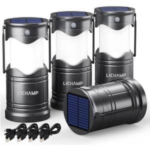Lichamp 4-Pack Solar Camping Lantern, USB Rechargeable LED Lanterns Battery Powered Pop Up Flashlight Lamps with Three Modes Power for Power Outages Hurricane Supplies Emergency Indoor & Outdoor