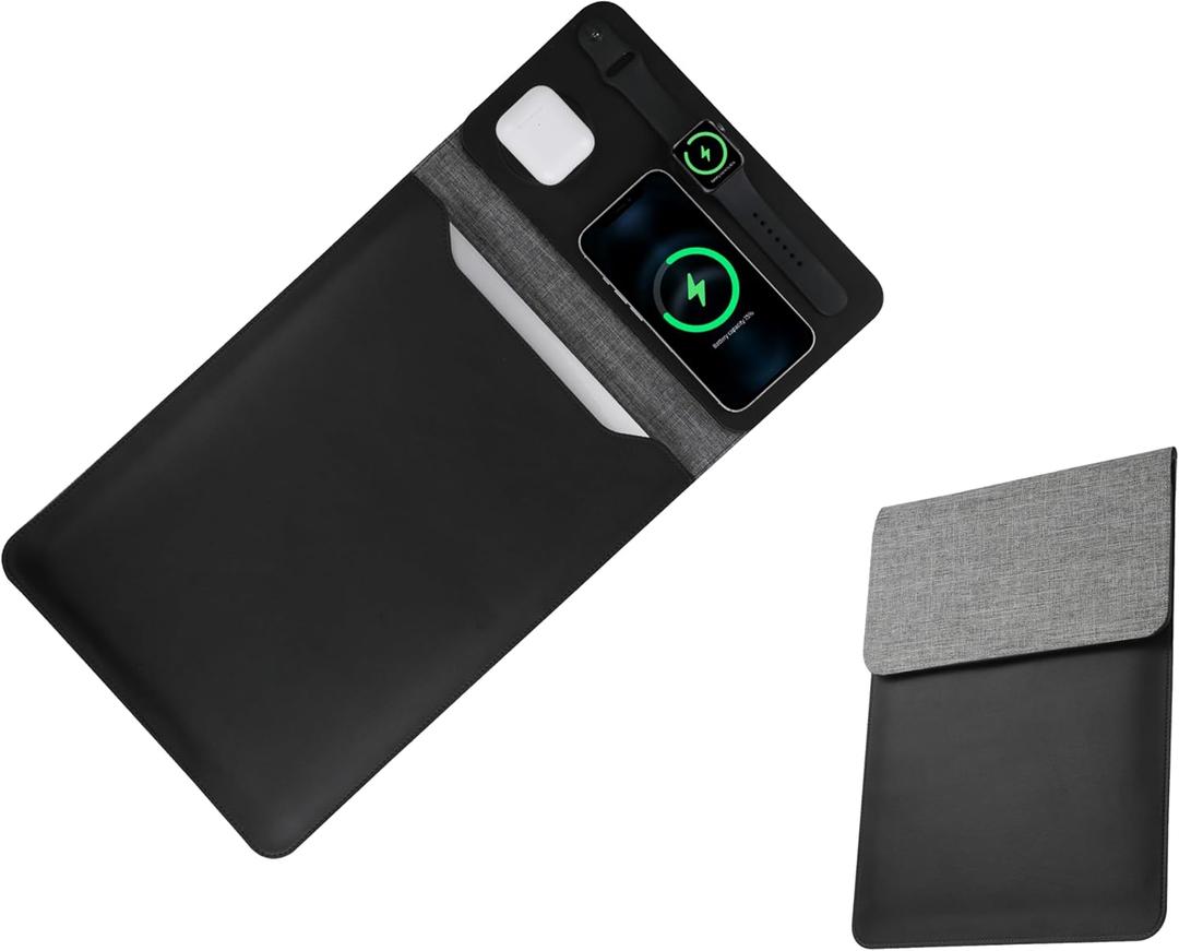 5-in-1 Laptop Sleeve with Wireless Charging for iPad MacBook Pro 12" 13" 14", Charge Mat for Phone Earbuds iWatch, Executive Office Organizer with Pocket, Waterproof Vegan Leather Case (Black)