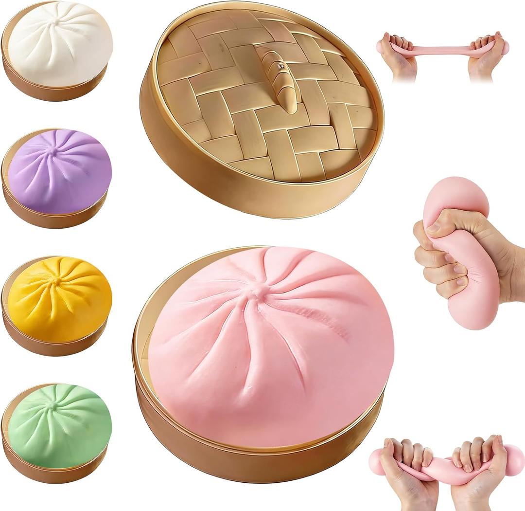 Dumpling Squishy,Giant Glitter Dumpling,Mystery Squishy Dumplings Box,Jumbo Squishy Toy with Steamer Box,Soft Squeeze Decompression Dough,Easter Basket Stuffers (Pink)