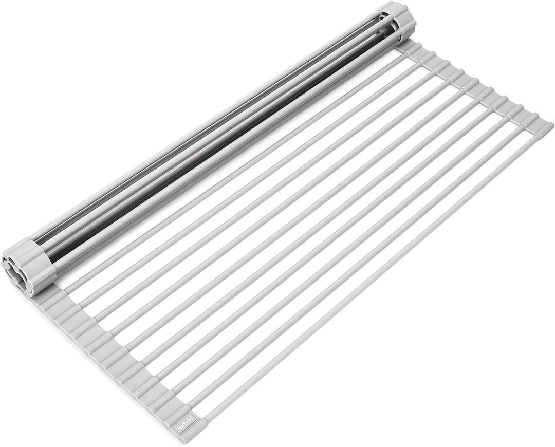Surpahs 20.5 x 15.5 Inch Roll-Up Dish Drying Rack, Fits Across Sink Openings up to 19.5 Inches, Heavy-Duty Premium Silicone, Strong Support, Non-Slip, Heat-Resistant, Warm Gray