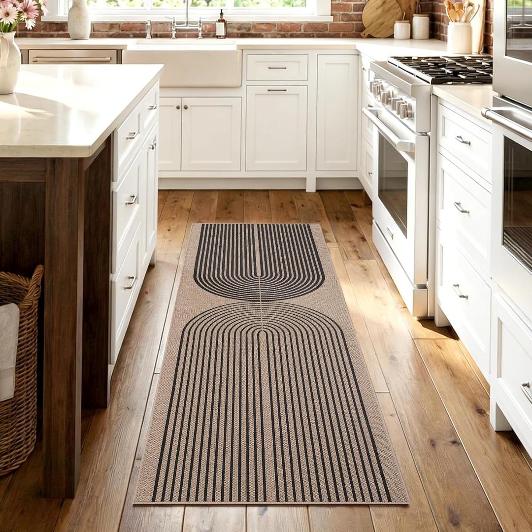 GarveeHome Easy Jute 2x6 Modern Rainbow Runner Rug for Hallway Kitchen Bedroom Non Slip Indoor Outdoor Runner Door Mat for Laundry Porch (Black&nature Rainbow)