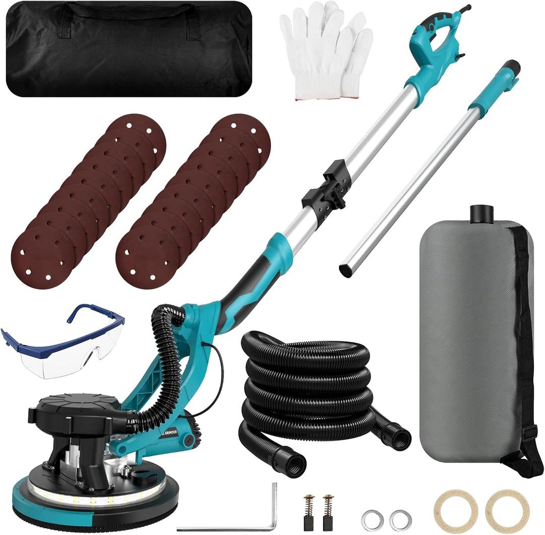 Drywall Sander, 1250W 11.5-Amp Electric Drywall Sander with Vacuum, Popcorn Ceiling Removal Tool with Variable Speed 800-1800RPM, Foldable & Extendable Handle, LED Light, 18pcs Sanding Discs (Large)