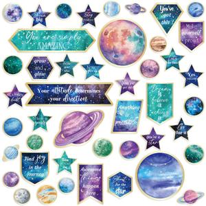46 Pcs Galaxy Bulletin Board Set Motivational Signs Galaxy Inspirational Classroom Decor with Inspirational Poster Large Stars Foil Stars Planets Cutouts for Class School Bulletin Board Wall