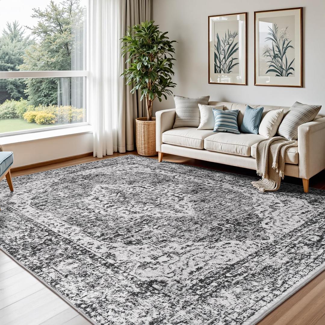 Lofus 5x7 Area Rugs for Living Room, Washable Area Rug, Rugs for Bedroom, Kitchen, Vintage Boho Carpet, Soft Non-Slip, Low Pile Large Area Rug for Office Dining Room, Vintage Dark Grey