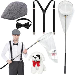 5 Pcs Dog Catcher Costume Men Include Herringbone Tweed Flat Cap, Adjustable Suspender, Dalmatian Dog Catcher Costume for Adult Couple Men Halloween Cosplay Party