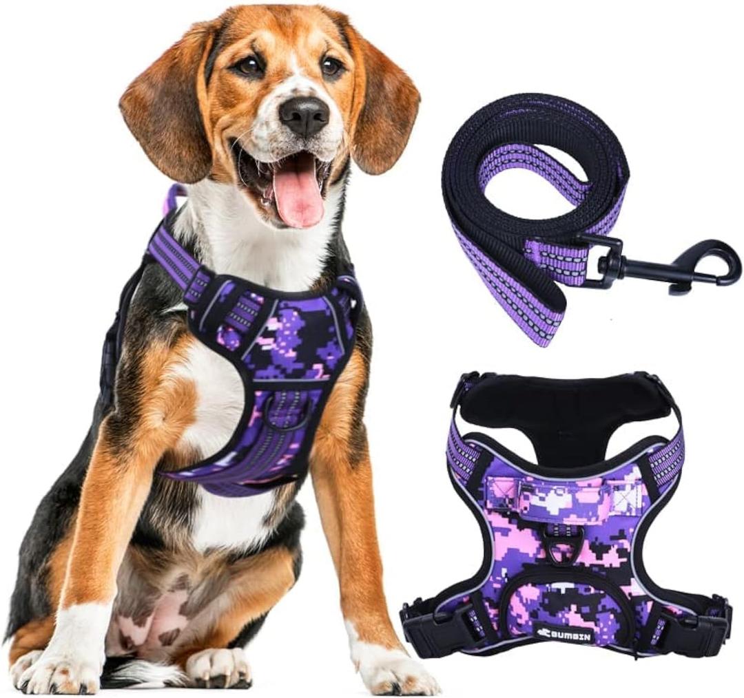 No Pull Dog Harness for Large Dogs, Adjustable No Choke Pet Vest with Dog Leash Fit Smart Reflective Pet Walking Harness for Training Easy Control Soft Handle Purple Camo XL