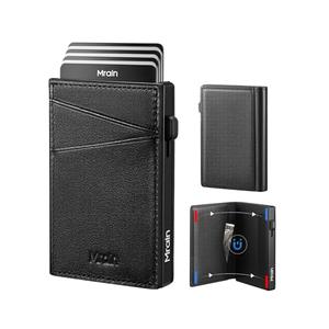 Mrain Men's Slim Premium Leather Wallet Pop Up Card Holder RFID Blocking Metal Wallet with Push Button Minimalist Design for Credit Card Holder Magnetic Closure (Black)