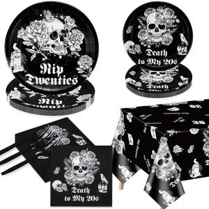 Death To My 20s Decorations - 81Pcs Black 30th Birthday & Halloween Party Pack Including Rip to my 20s Plates, Napkins, Skull Tablecloth