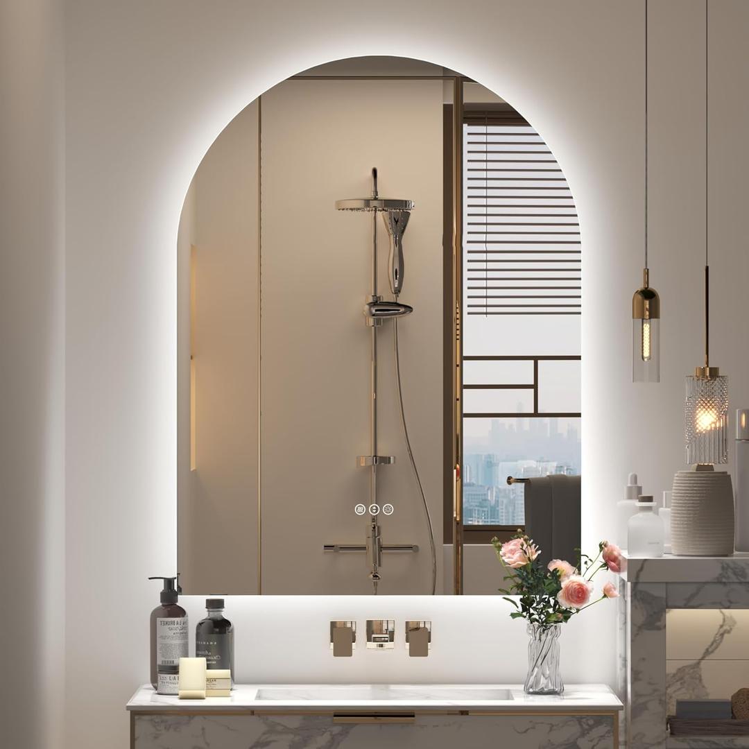 24x32 Inch Arched LED Bathroom Mirror with Backlit, Dimmable Lighted Illuminated Mirror, Anti-Fog, 3 Colors, Memory, Shatter-Proof, ETL Listed