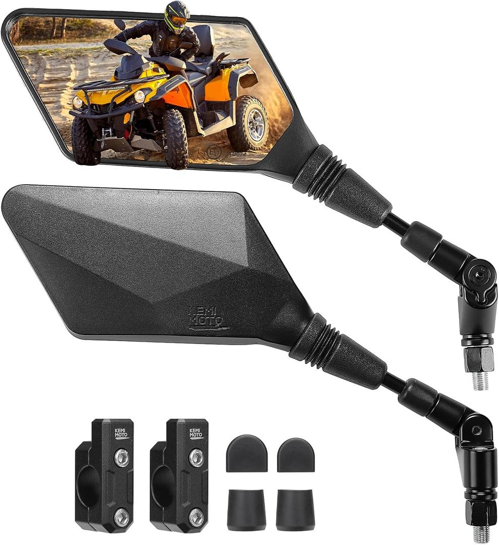 KEMIMOTO ATV Mirrors, 8MM 10MM Foldable Motorcycle Mirrors with 7/8" Handlebar Mounts, Clear Vision fit ATV Motorcycle Scooter Bike, Compatible with Polaris Sportsman, Outlander, Raptor