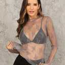 Ugerlov Women's Long Sleeve Mesh Top Mock Neck Sheer Blouse See Through Floral Lace Tops (Medium, Dark Grey)